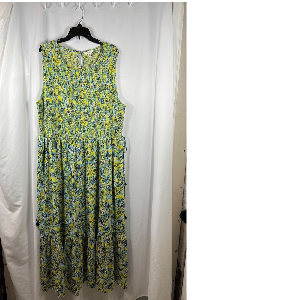 Terra & Sky Tropical Palm Print Smocked Maxi Dress Plus Size 3X Yellow Blue NWT